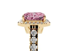 Fancy Pink Radiant Cut Diamond Halo Engagement Ring Set in Yellow gold with Pavé Band and Prong-Set Center