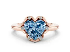 Fancy Blue Heart Cut Diamond Round Cluster Halo Ring Set in Rose gold with Solitaire Band and Prong Setting