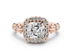 Cushion Cut Diamond Halo Ring Set in Rose gold with Filigree Leaf Band and Prong Setting