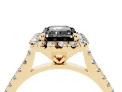 Fancy Black Emerald Cut Diamond Cushion Halo Ring Set in Yellow gold with Pavé Band