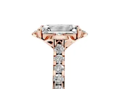 Emerald Cut Diamond Solitaire Ring Set in Rose gold with Pavé Band and Floral Prong Setting
