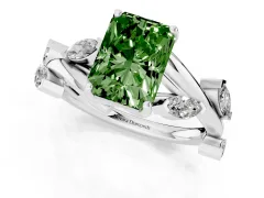 Fancy Green Radiant Cut Diamond Solitaire Ring Set in White gold with Twisted Marquise Accent Band