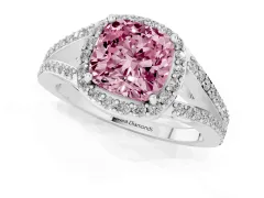 Fancy Pink Cushion Cut Diamond Halo Split Shank Pavé Ring Set in Platinum with Prong Setting