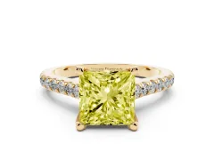 Fancy Yellow Princess Cut Diamond Solitaire Ring Set in Yellow gold with Brilliant Pavé Band and Prong Setting