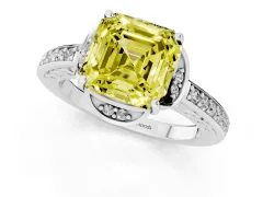 Fancy Yellow Asscher Cut Diamond Halo Ring Set in White gold with Channel Set Band and Prong Setting