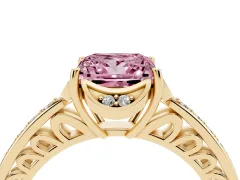 Fancy Pink Princess Cut Diamond Halo Ring Set in Yellow gold with Channel Set Band and Prong Setting
