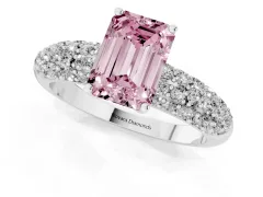 Fancy Pink Emerald Cut Diamond Pavé Band Solitaire Ring Set in Platinum with Close-Set Accent Stones and Prong Setting