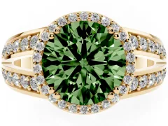 Fancy Green Round Cut Diamond Halo Ring Set in Yellow gold with Double Pavé Split Shank