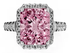 Fancy Pink Radiant Cut Diamond Halo Engagement Ring Set in Silver with Pavé Band and Prong-Set Center
