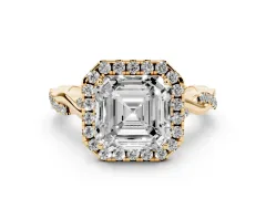 Asscher Cut Diamond Halo Twist Band Solitaire Ring Set in Yellow gold with Prong Setting