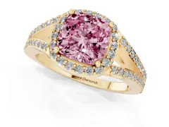 Fancy Pink Cushion Cut Diamond Halo Split Shank Pavé Ring Set in Yellow gold with Prong Setting