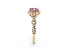 Fancy Pink Radiant Cut Diamond Halo Twist Band Solitaire Ring Set in Yellow gold with Prong-Set Center Stone