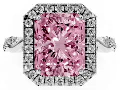 Fancy Pink Radiant Cut Diamond Halo Twist Band Solitaire Ring Set in Platinum with Prong Setting