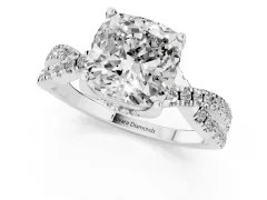 Cushion Cut Diamond Twist Pavé Solitaire Engagement Ring Set in Platinum with Prong Setting