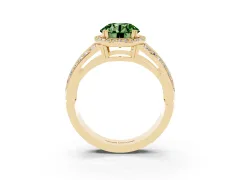 Fancy Green Round Cut Diamond Halo Ring Set in Yellow gold with Double Pavé Split Shank