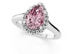 Fancy Pink Pear Cut Diamond Halo Engagement Ring Set in Platinum with Pavé Band and Rising Shoulders