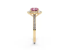 Fancy Pink Cushion Cut Diamond Halo Ring Set in Yellow gold with Pavé Band and Prong Setting