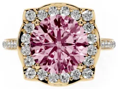 Fancy Pink Round Cut Diamond Halo Ring Set in Yellow gold with Pavé-Lined Shoulders and Prong Setting