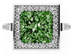 Fancy Green Princess Cut Diamond Halo Ring Set in White gold with Accent-Lined Split Shank and Prong Setting