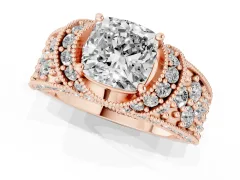 Cushion Cut Diamond Milgrain Halo Pavé Engagement Ring Set in Rose gold with Prong Setting