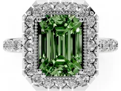 Fancy Green Emerald Cut Diamond Halo Ring Set in Platinum with Pavé Shank and Prong Setting