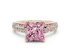 Fancy Pink Princess Cut Diamond Solitaire Ring Set in Rose gold with Multi-Row Round Pavé Band and Prong Setting