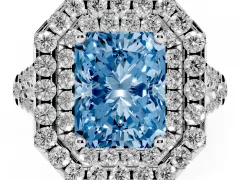 Fancy Blue Radiant Cut Diamond Double Halo Ring Set in White gold with Pavé Split Shank and Prong Setting