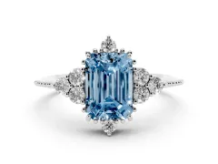 Fancy Blue Emerald Cut Diamond Cluster Ring Set in Silver with Beaded Band
