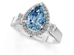Fancy Blue Pear Cut Diamond Halo Ring Set in White gold with Pavé-Lined Split Shank Band
