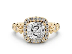 Cushion Cut Diamond Halo Ring Set in Yellow gold with Filigree Leaf Band and Prong Setting