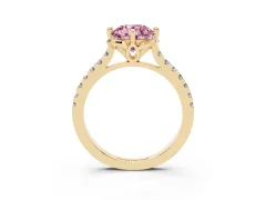 Fancy Pink Round Cut Diamond Solitaire Ring Set in Yellow gold with Pavé Band and Floral Prong Setting