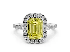 Fancy Yellow Emerald Cut Diamond Cushion Halo Ring Set in White gold with Pavé Band