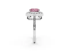 Fancy Pink Radiant Cut Diamond Halo Ring Set in Platinum with Accent-Lined Split Shank and Prong Setting