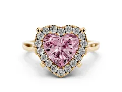 Fancy Pink Heart Cut Diamond Cluster Halo Solitaire Ring Set in Yellow gold with Prong Setting