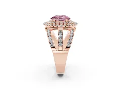 Fancy Pink Oval Cut Diamond Double Halo Ring Set in Rose gold with Round Pavé Split Shank