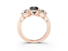 Fancy Black Cushion Cut Diamond Three-Stone Ring Set in Rose gold with Round Side Stones and Classic Band