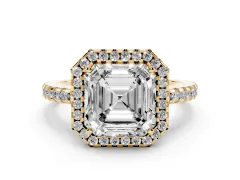 Asscher Cut Diamond Halo Ring Set in Yellow gold with Pavé Shoulders and Halo-Framed Center