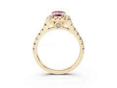 Fancy Pink Emerald Cut Diamond Halo Engagement Ring Set in Yellow gold with Pavé Band and Prong-Set Center