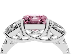Fancy Pink Asscher Cut Diamond Three-Stone Ring Set in Silver with Pavé Band