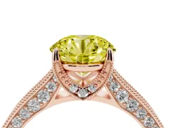 Fancy Yellow Round Cut Diamond Solitaire Ring Set in Rose gold with Milgrain-Edged Pavé Band and Prong Setting