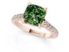 Fancy Green Cushion Cut Diamond Solitaire Ring Set in Rose gold with Brilliant Pavé Band and Prong Setting