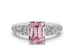 Fancy Pink Emerald Cut Diamond Pavé Band Solitaire Ring Set in Silver with Close-Set Accent Stones and Prong Setting