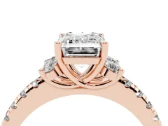 Emerald Cut Diamond Three-Stone Pavé Ring Set in Rose gold with Prong Setting