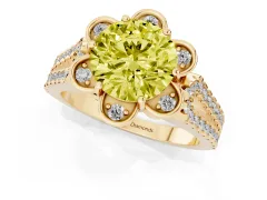 Fancy Yellow Round Cut Diamond Floral Halo Split Shank Engagement Ring Set in Yellow gold with Pavé Shank