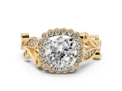 Cushion Cut Diamond Halo Ring Set in Yellow gold with Leaf Motif Split Shank and Prong Setting