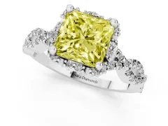 Fancy Yellow Princess Cut Diamond Halo Twist Band Solitaire Ring Set in White gold with Prong-Set Center Stone