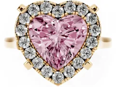 Fancy Pink Heart Cut Diamond Cluster Halo Solitaire Ring Set in Yellow gold with Prong Setting