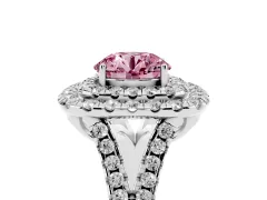 Fancy Pink Round Cut Diamond Double Halo Ring Set in White gold with Pavé Split Shank and Prong Setting