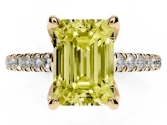 Fancy Yellow Emerald Cut Diamond Solitaire Ring Set in Yellow gold with Brilliant Pavé Band and Prong Setting