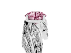 Fancy Pink Round Cut Diamond Solitaire Ring Set in Silver with Layered Twist Pavé Band
